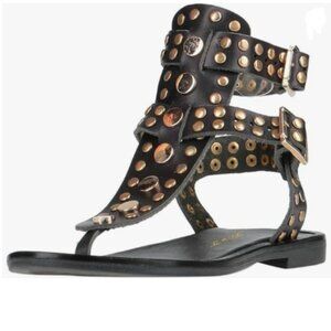 FOWT Black Round Split Toe Sandal Rivet Studded Flat Gladiators Ankle Strap Shoe